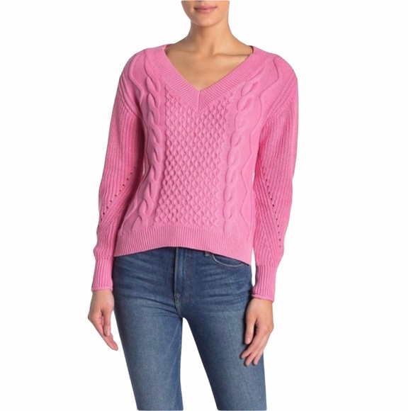 ABOUND Cable Knit Sweater Pink Aurora Cotton V-Neck Pullover High Low Hem - Picture 6 of 6